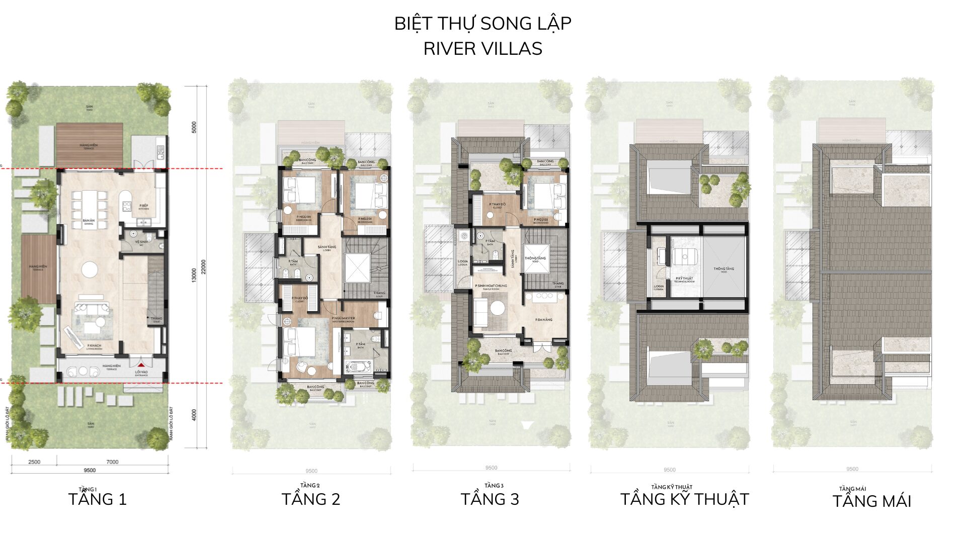 Layout mặt bằng tầng biệt thự song lập ven sông