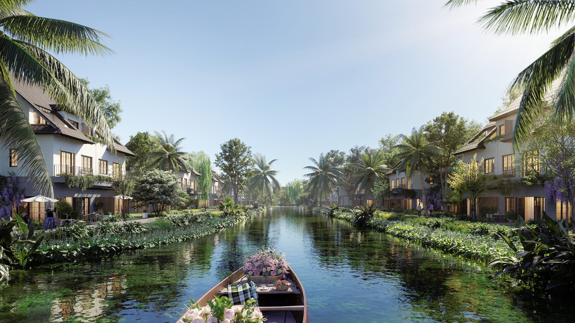 Không gian sống tại Central Island được bao quanh bởi cây xanh và mặt nước