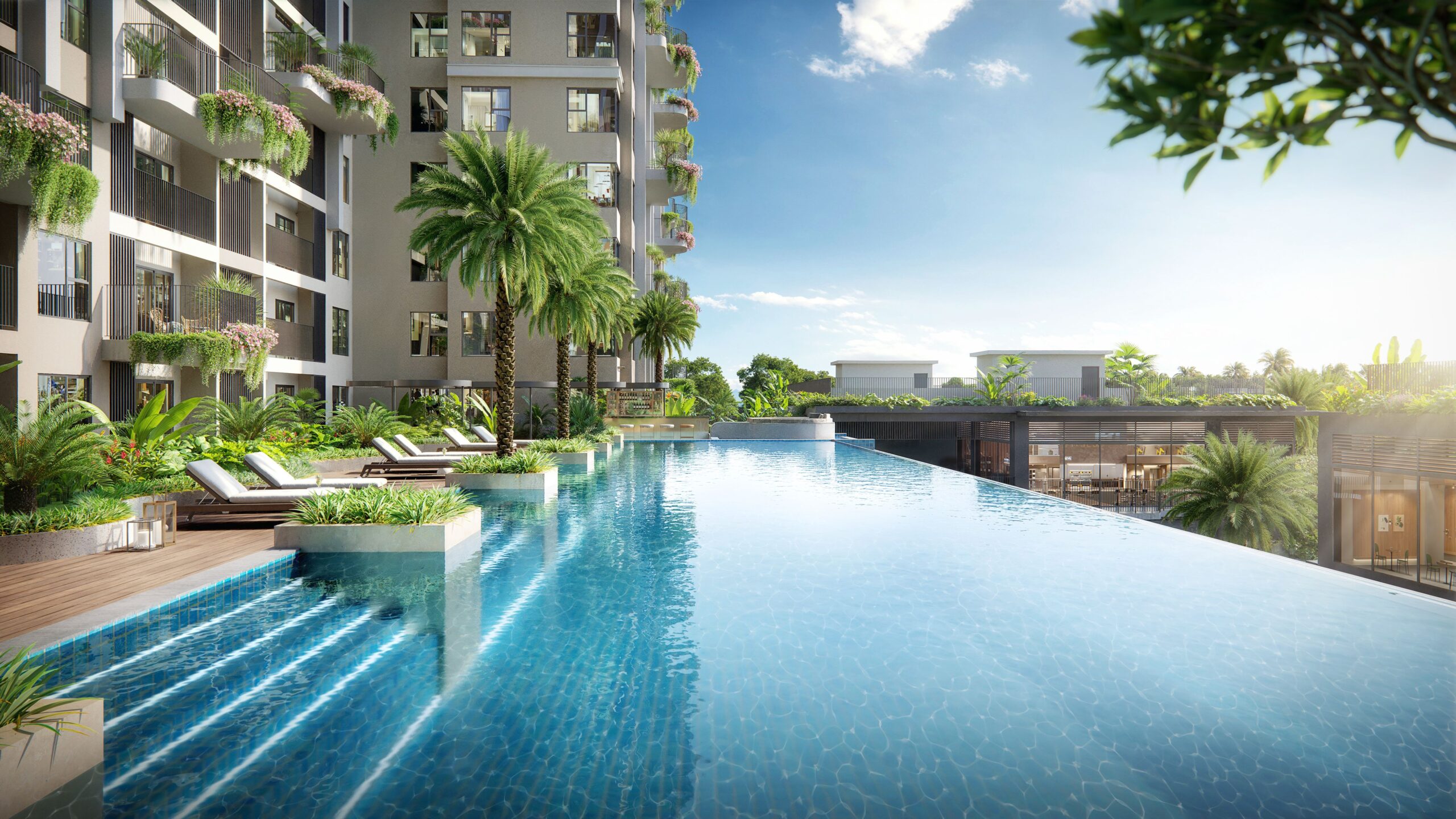 Hồ bơi tại tầng 2 tòa tháp căn hộ Sky Retreat